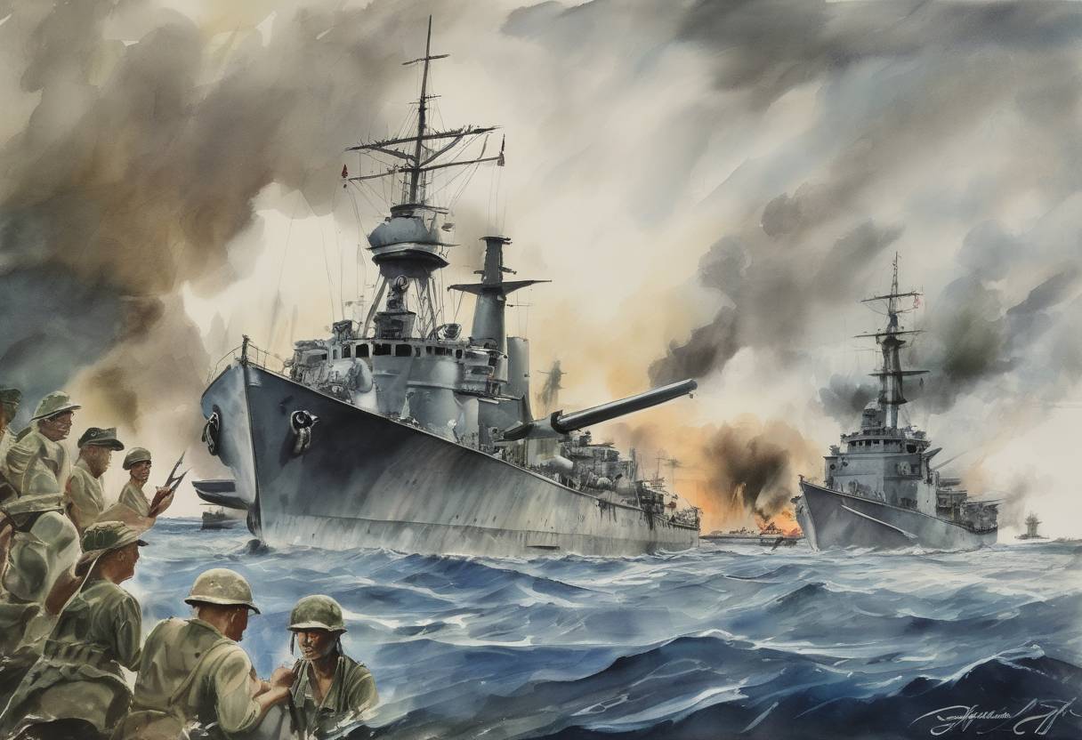 Watercolor painting based depiction of The Naval Battle of Guadalcanal ends in a decisive Allied victory during World War II, marking a turning point in the Pacific Theater. (1942)