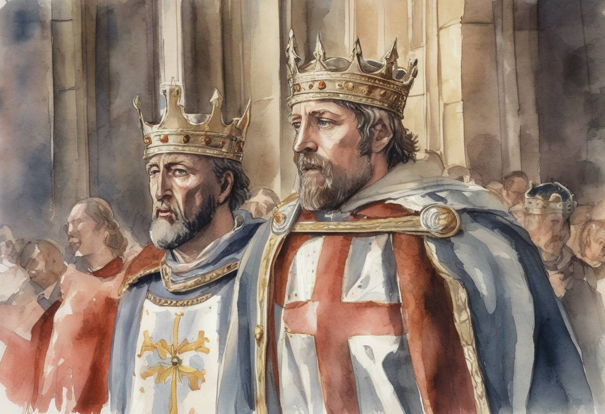 Watercolor painting based depiction of William the Conqueror was crowned King of England at Westminster Abbey, marking the beginning of Norman rule in England. (1066)