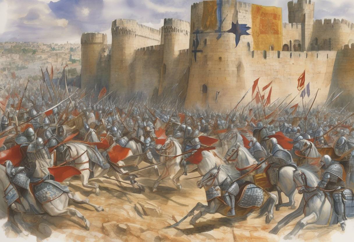 Watercolor painting based depiction of The Battle of Montgisard occurs, where Baldwin IV of Jerusalem defeats Saladin. (1177)
