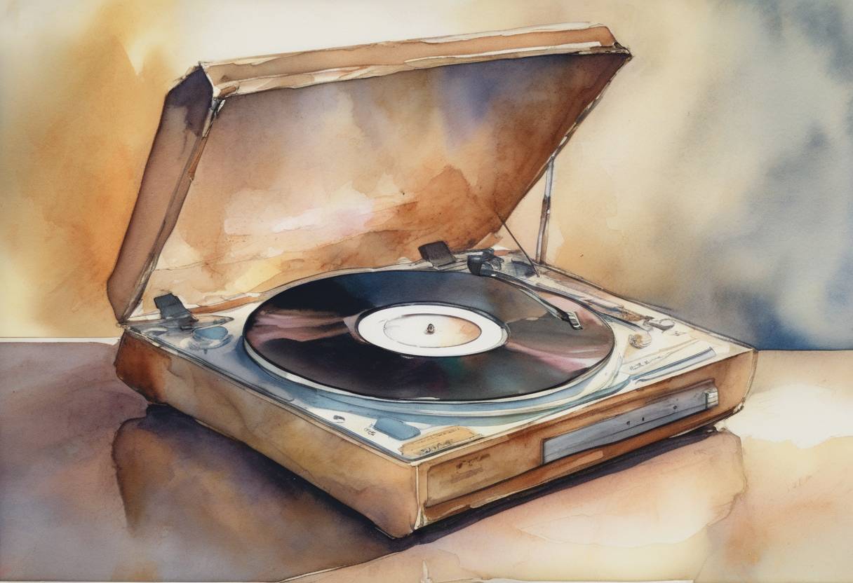 Watercolor painting based depiction of The first compact discs (CDs) were released to the public in Germany, marking a significant advancement in digital audio technology. (1982)