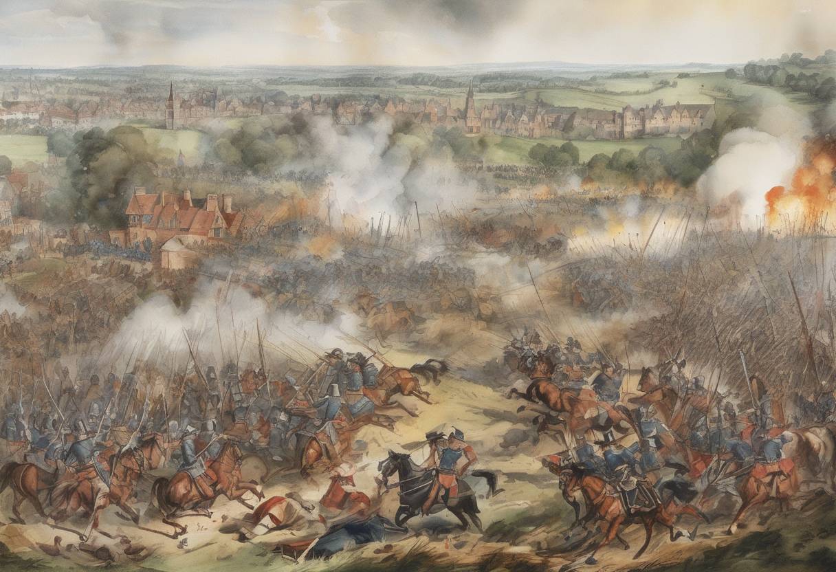 Watercolor painting based depiction of The Battle of Worcester took place, marking the final battle of the English Civil War, where Oliver Cromwell's Parliamentarian forces defeated the Royalists. (1651)