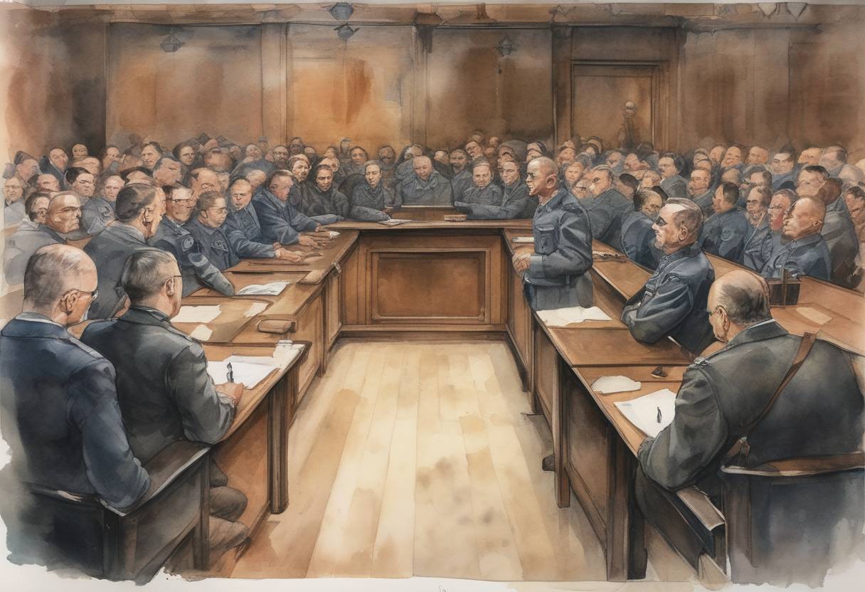 Watercolor painting based depiction of The Nuremberg Trials began, marking the first time in history that an international tribunal was used to prosecute war crimes. Twenty-four high-ranking Nazi officials were put on trial for crimes against humanity, war crimes, and other offenses committed during World War II. (1945)