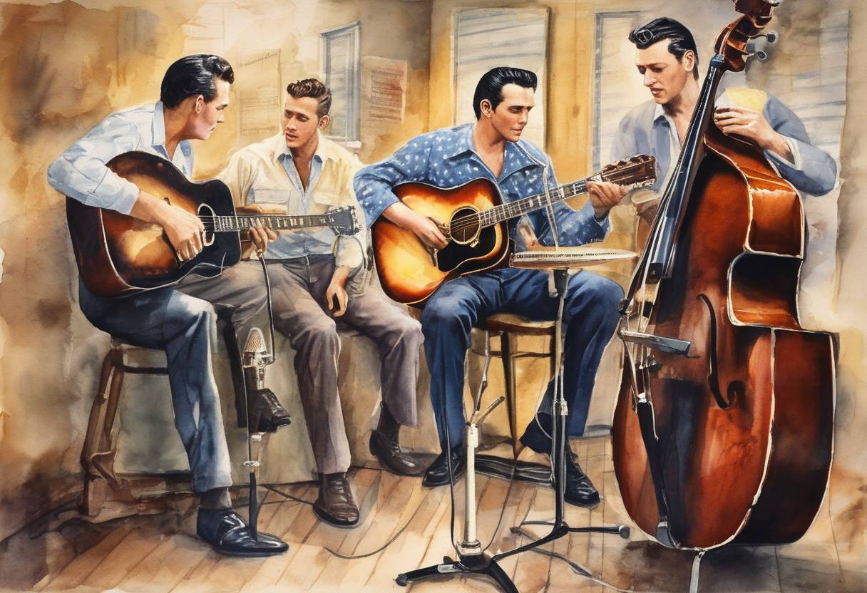Watercolor painting based depiction of The Million Dollar Quartet, consisting of Elvis Presley, Jerry Lee Lewis, Carl Perkins, and Johnny Cash, holds an impromptu jam session at Sun Studio in Memphis, Tennessee. (1956)