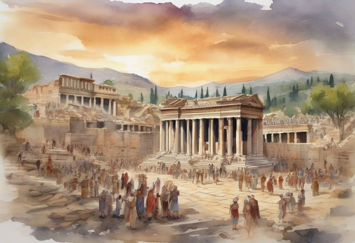 Watercolor painting based depiction of The Temple of Artemis in Ephesus, one of the Seven Wonders of the Ancient World, was destroyed by arson committed by Herostratus. (356)