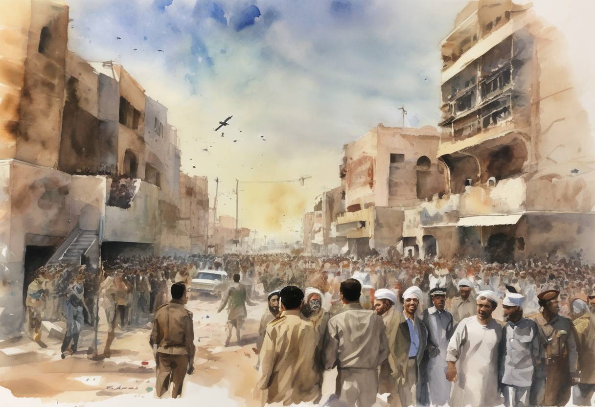 Watercolor painting based depiction of A coup in Libya led by Muammar Gaddafi overthrows King Idris I, establishing a new Libyan Arab Republic. (1969)