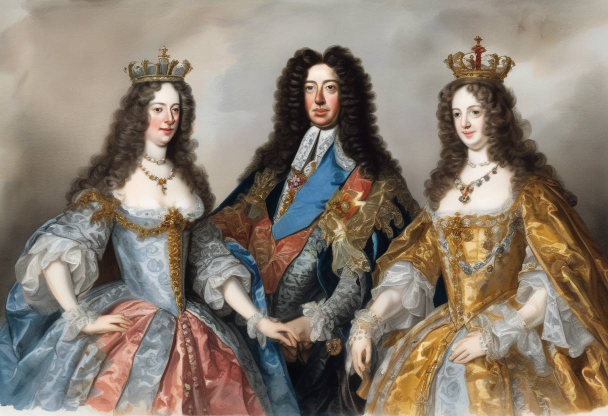 Watercolor painting based depiction of William III and Mary II were crowned as joint sovereigns of England, Scotland, and Ireland, marking the beginning of their reign. (1689)