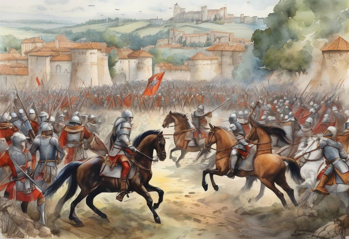 Watercolor painting based depiction of The Battle of Muret took place, where the forces of Simon de Montfort defeated the Crown of Aragon and the County of Toulouse, marking a significant event in the Albigensian Crusade. (1213)
