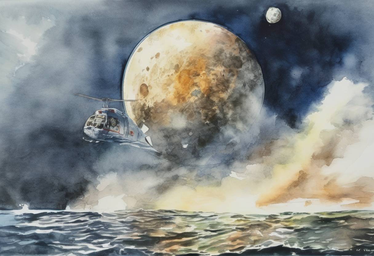 Watercolor painting based depiction of Apollo 17, the final mission of NASA's Apollo program, returned to Earth after the last manned moon landing. (1972)