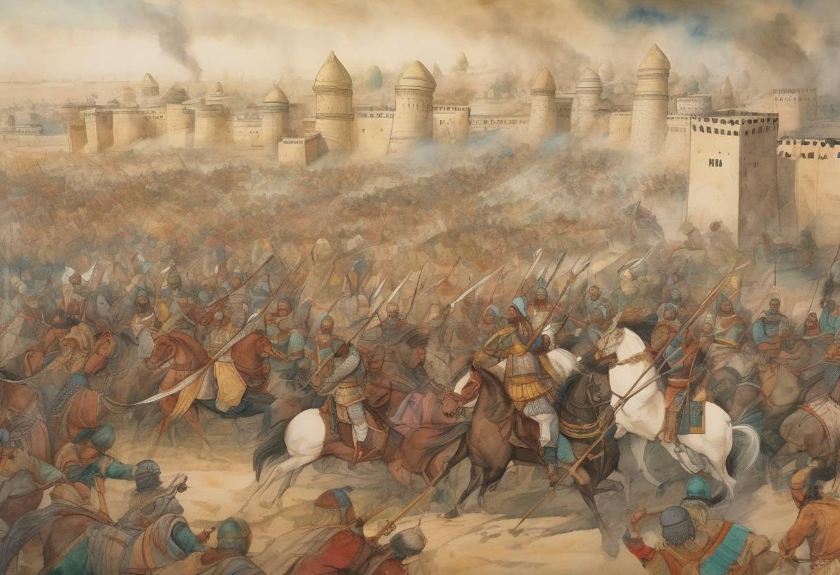 Watercolor painting based depiction of The Mongol Empire, led by Hulagu Khan, begins the siege of Baghdad, which would lead to the fall of the city and the end of the Islamic Golden Age. (1258)