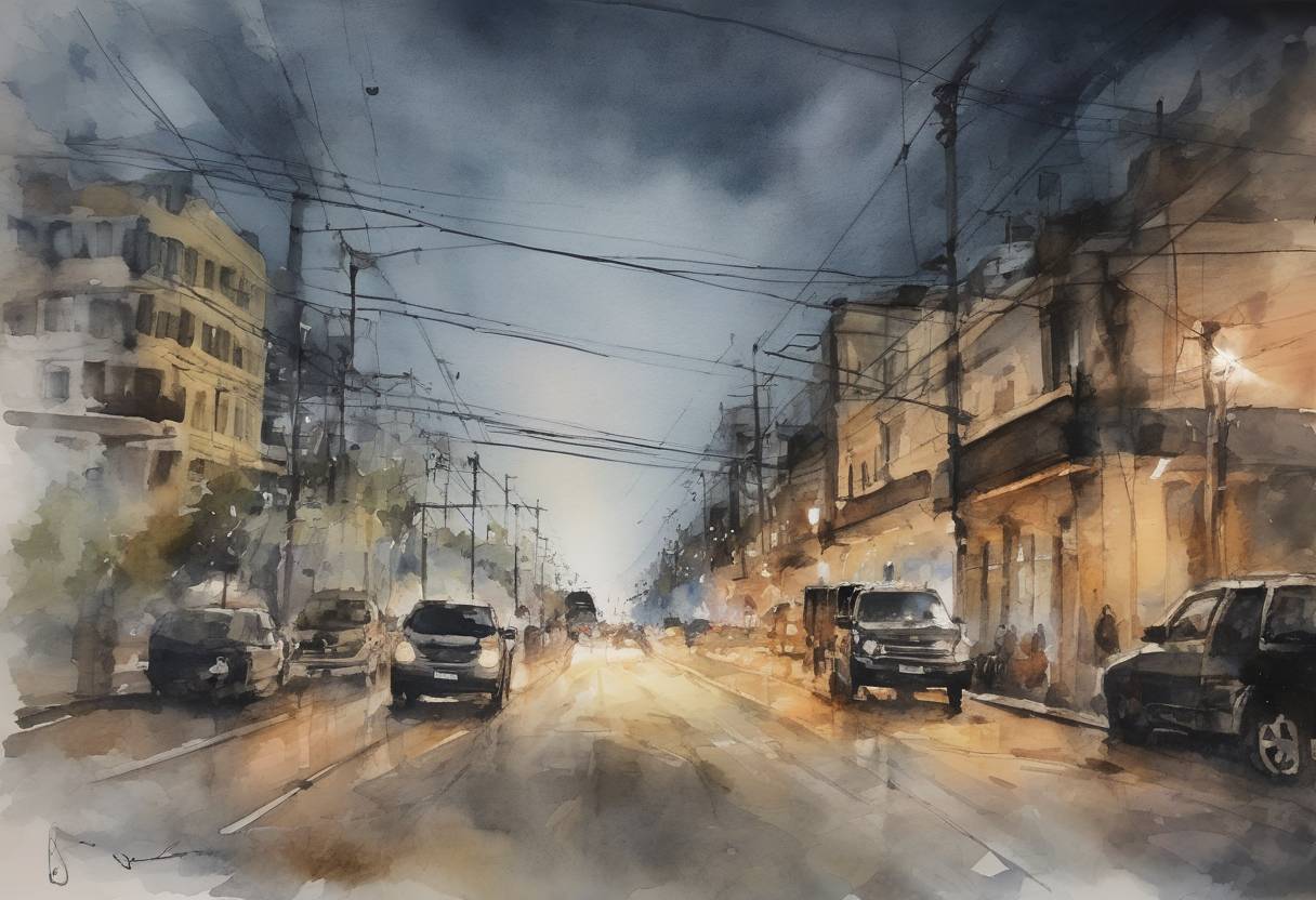 Watercolor painting based depiction of A massive blackout affected Argentina, Uruguay, and parts of Paraguay, leaving tens of millions of people without power for several hours. (2019)