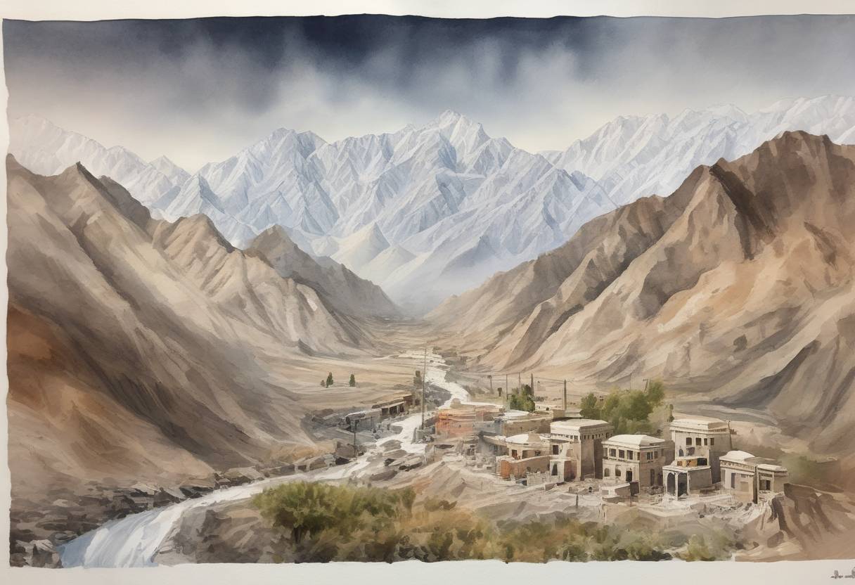 Watercolor painting based depiction of A magnitude 7.5 earthquake struck the Hindu Kush region in Afghanistan, causing significant damage and resulting in over 300 deaths across Afghanistan, Pakistan, and India. (2015)