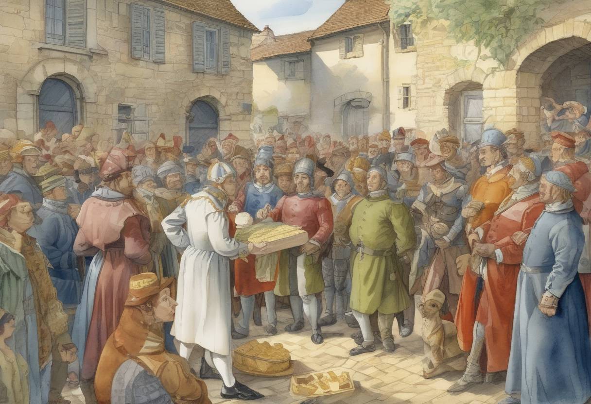 Watercolor painting based depiction of King Charles VI of France grants a monopoly for the ripening of Roquefort cheese to the people of Roquefort-sur-Soulzon. (1411)