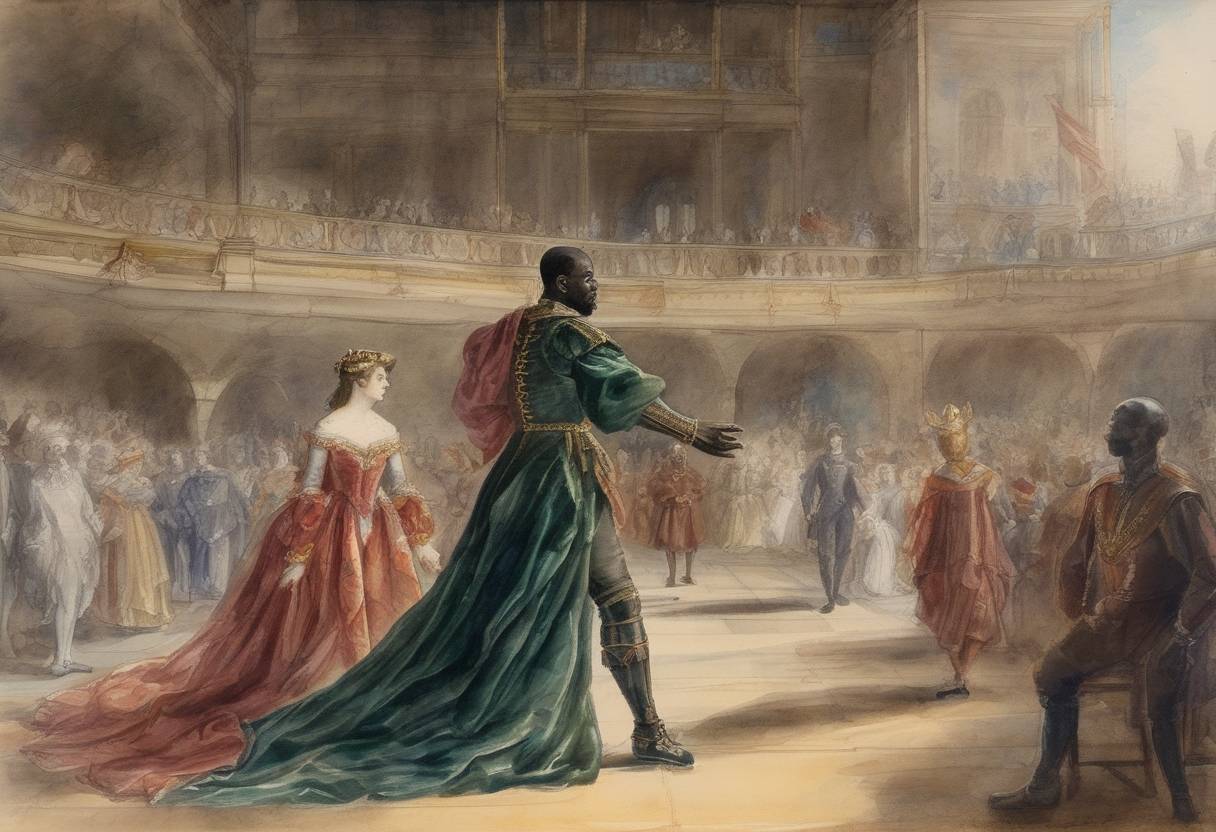 Watercolor painting based depiction of William Shakespeare's tragedy 'Othello' is performed for the first time, at Whitehall Palace in London. (1604)