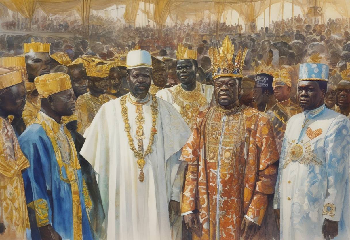 Watercolor painting based depiction of Jean-Bédel Bokassa, ruler of the Central African Republic, crowns himself Emperor Bokassa I of the Central African Empire in a lavish ceremony. (1977)