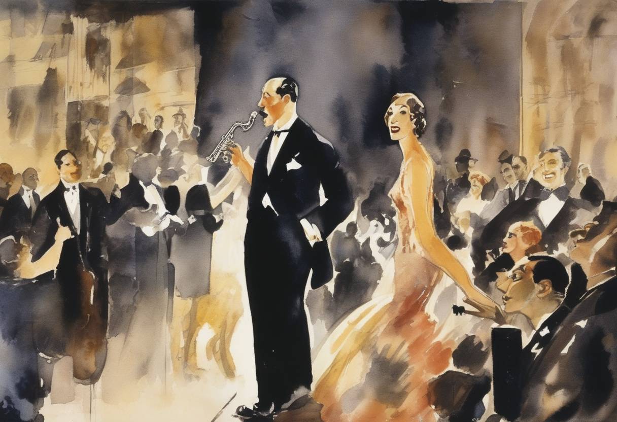 Watercolor painting based depiction of The Jazz Singer, the first feature-length motion picture with synchronized dialogue sequences, premiered in New York City. This film marked the beginning of the sound era in cinema. (1927)