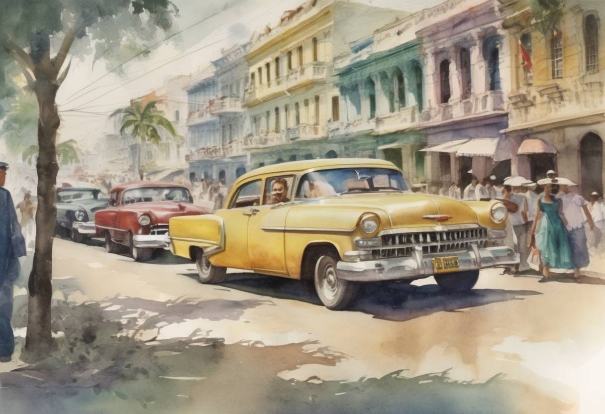 Watercolor painting based depiction of The United States recognized the new Cuban government of Fidel Castro. (1959)