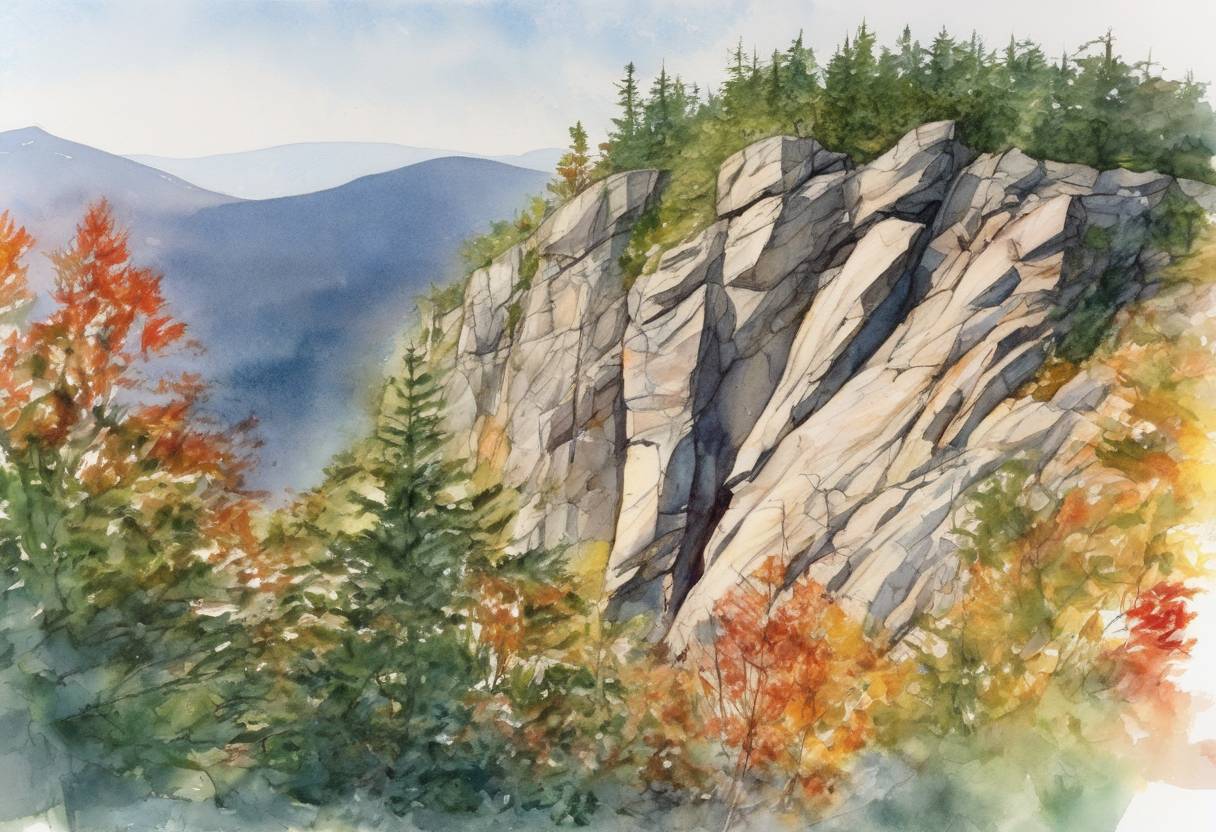 Watercolor painting based depiction of New Hampshire's famous Old Man of the Mountain, a series of granite cliff ledges on Cannon Mountain that resembled the profile of a face, collapses. (2003)