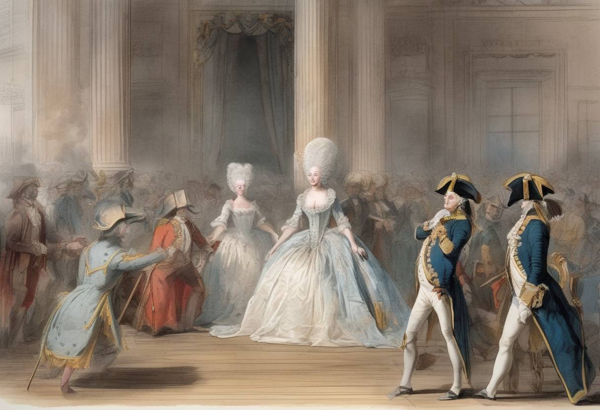 Watercolor painting based depiction of Marie Antoinette, the former Queen of France, is executed by guillotine in Paris during the French Revolution. (1793)