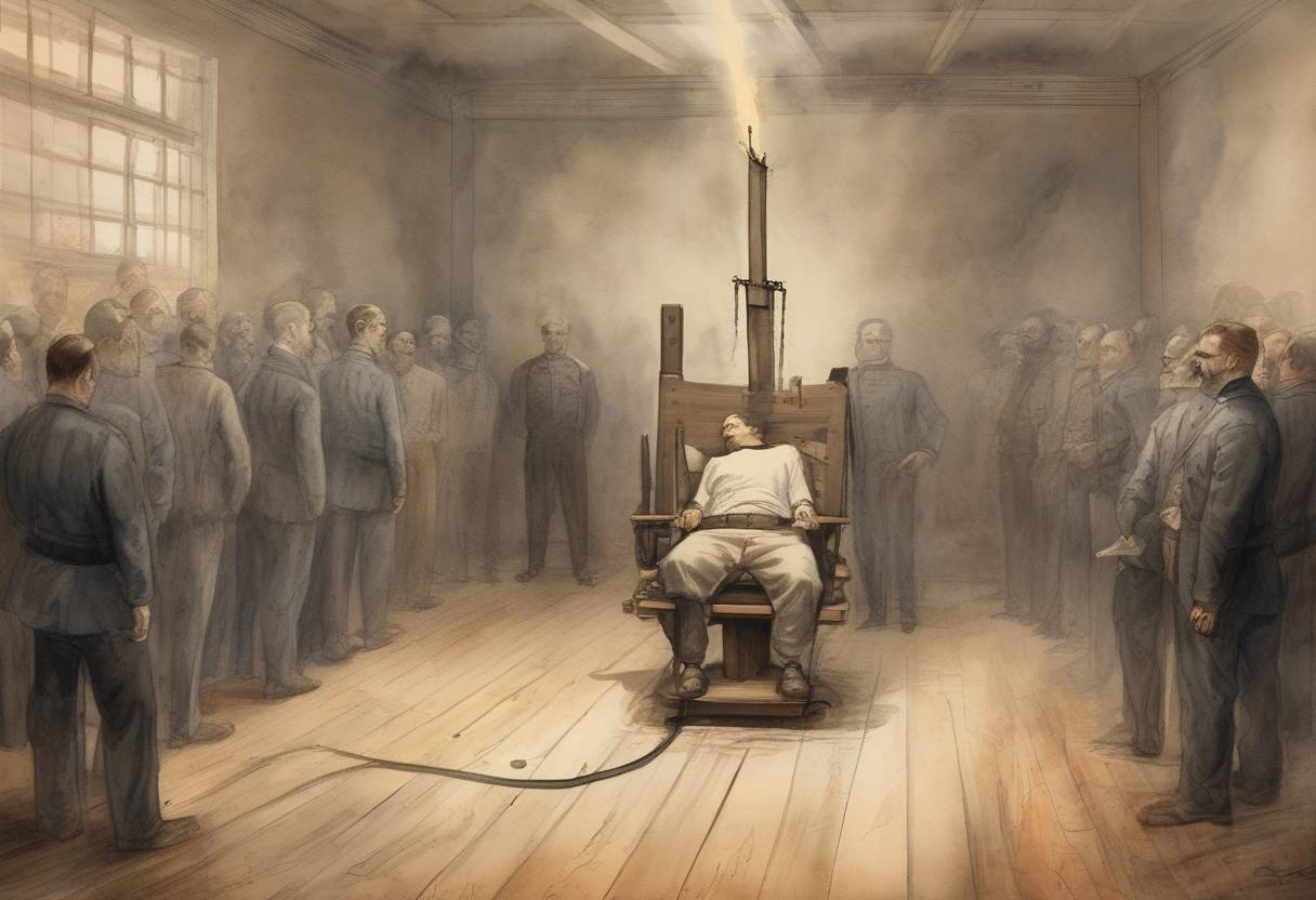 Watercolor painting based depiction of The first execution by electric chair took place in Auburn Prison in New York, marking a significant moment in the history of capital punishment. (1890)