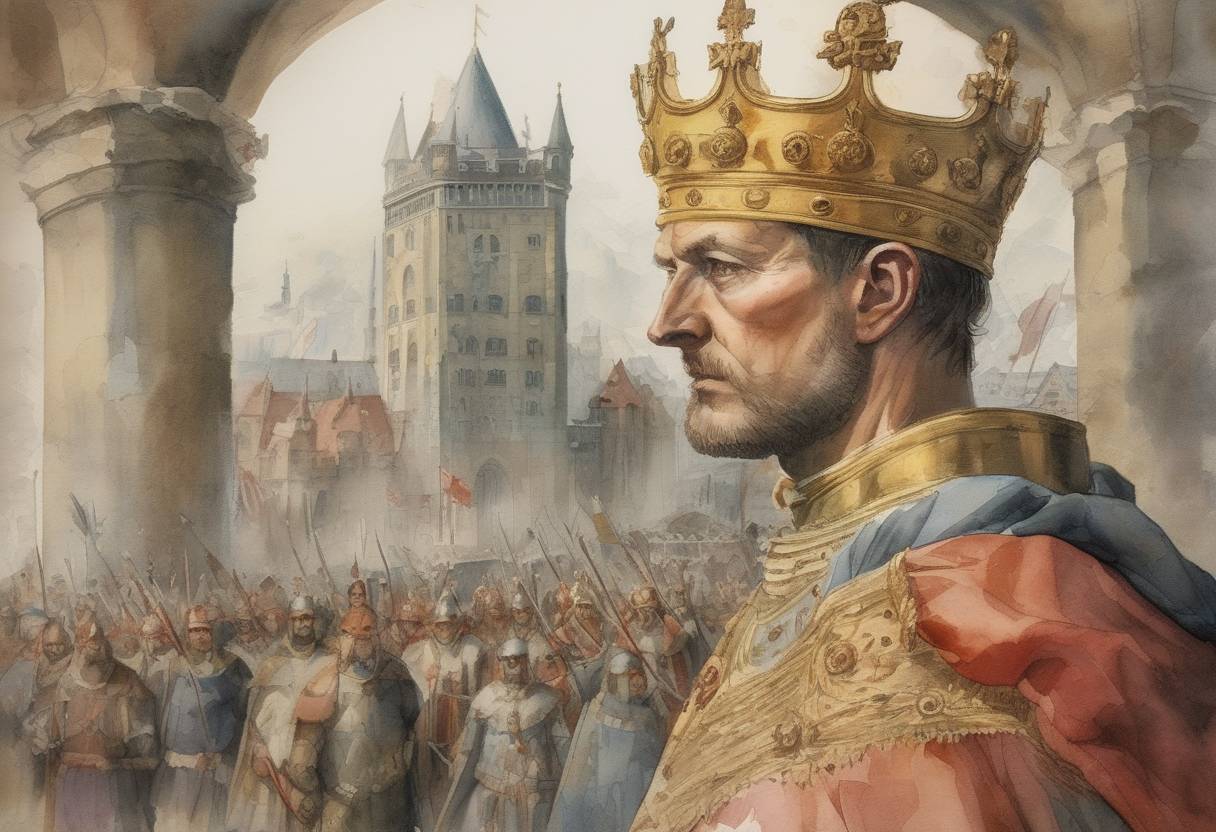 Watercolor painting based depiction of Frederick I Barbarossa was elected King of Germany. (1152)