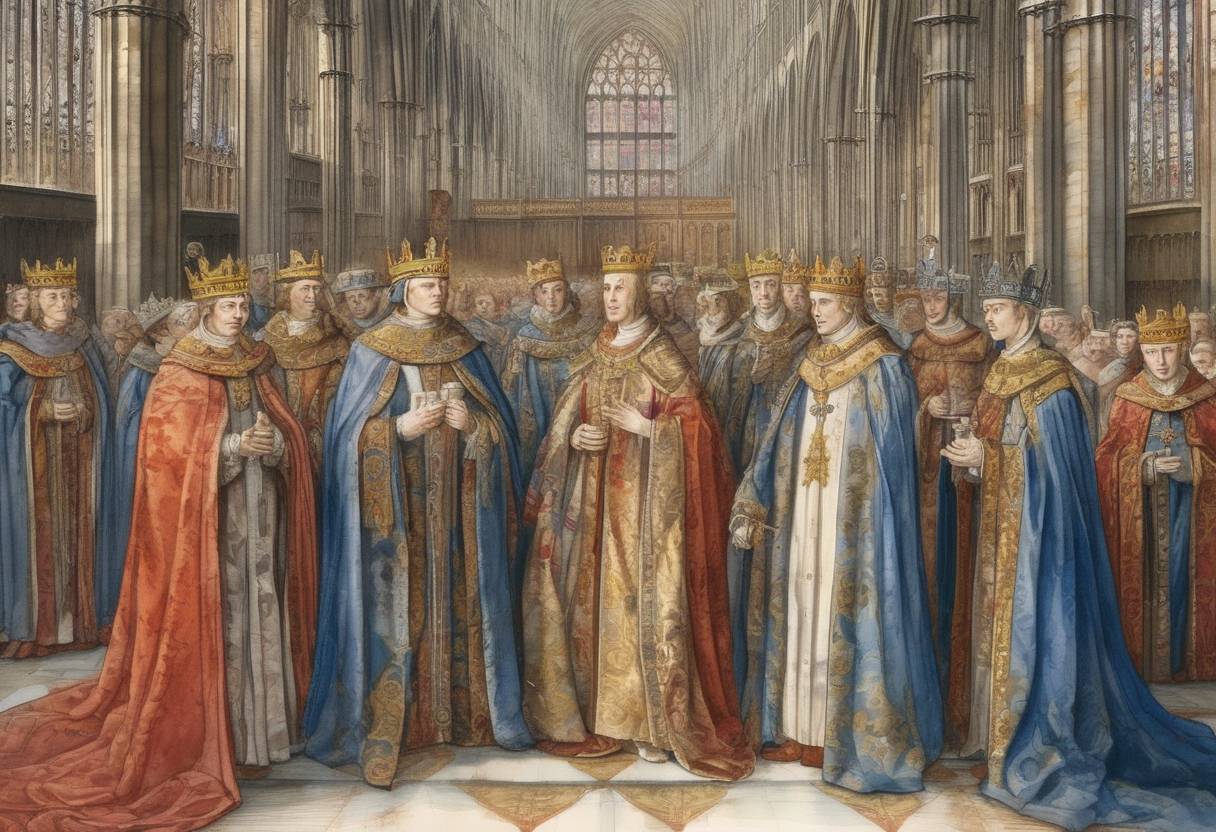 Watercolor painting based depiction of Henry VI of England was crowned King of England at Westminster Abbey. (1429)