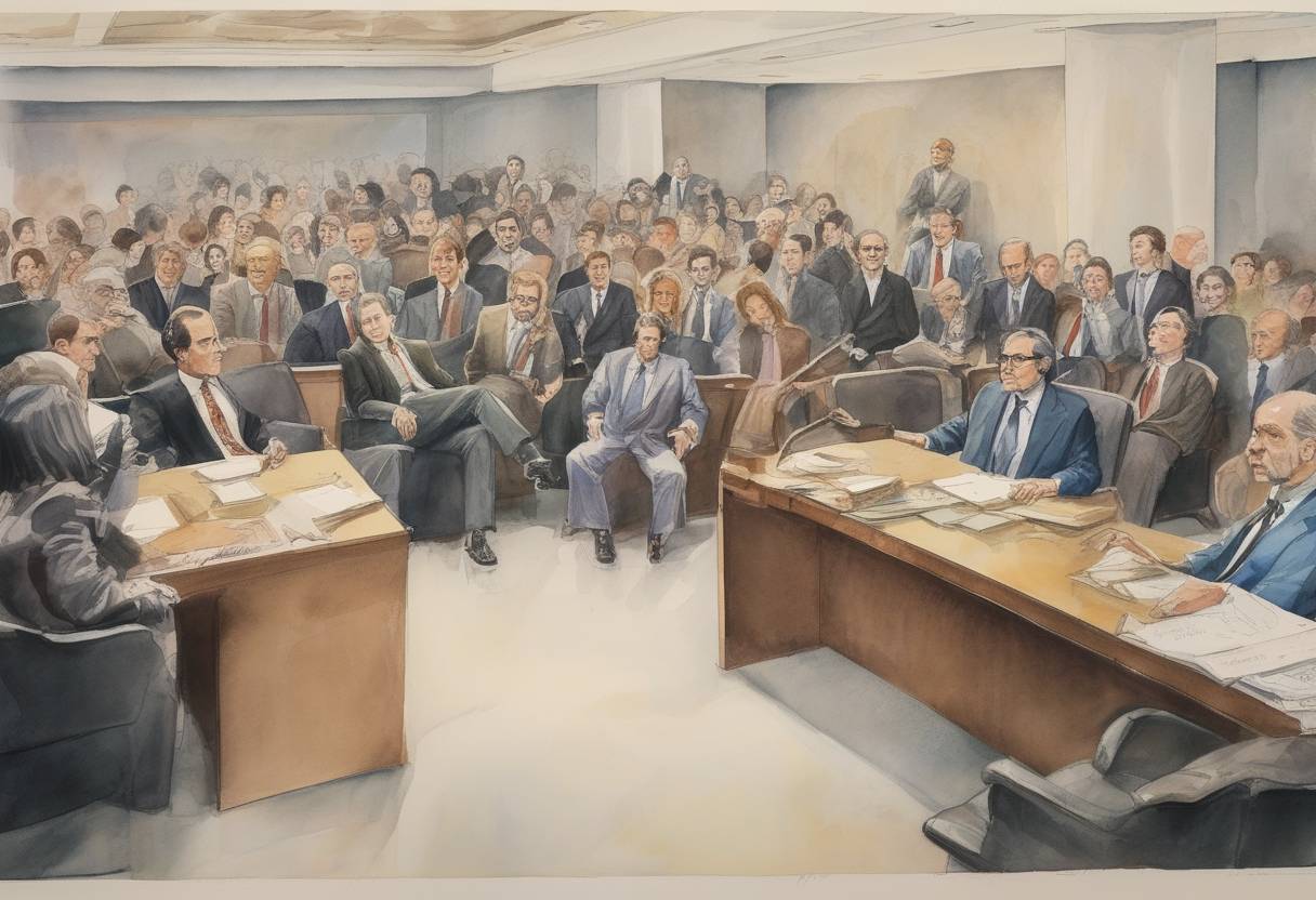 Watercolor painting based depiction of The trial of seven men accused of illegal entry into Democratic Party headquarters at the Watergate complex began, marking a significant event in the Watergate scandal. (1973)