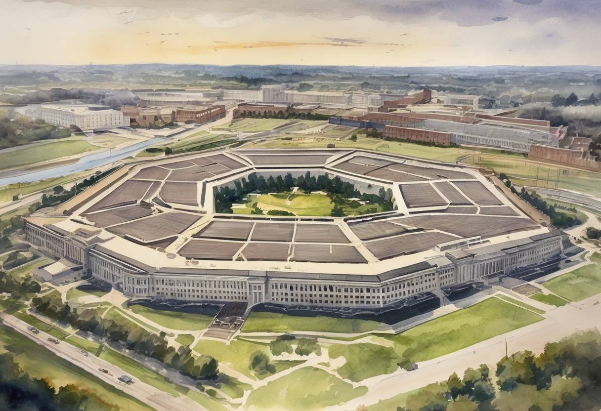 Watercolor painting based depiction of Construction of the Pentagon began in Arlington, Virginia, which would become the headquarters of the United States Department of Defense. (1941)