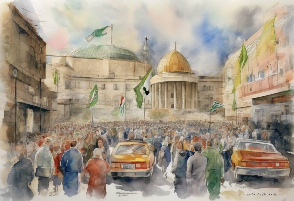 Watercolor painting based depiction of The Palestine Liberation Organization (PLO) officially recognized Israel as a state, paving the way for the Oslo Accords. (1993)