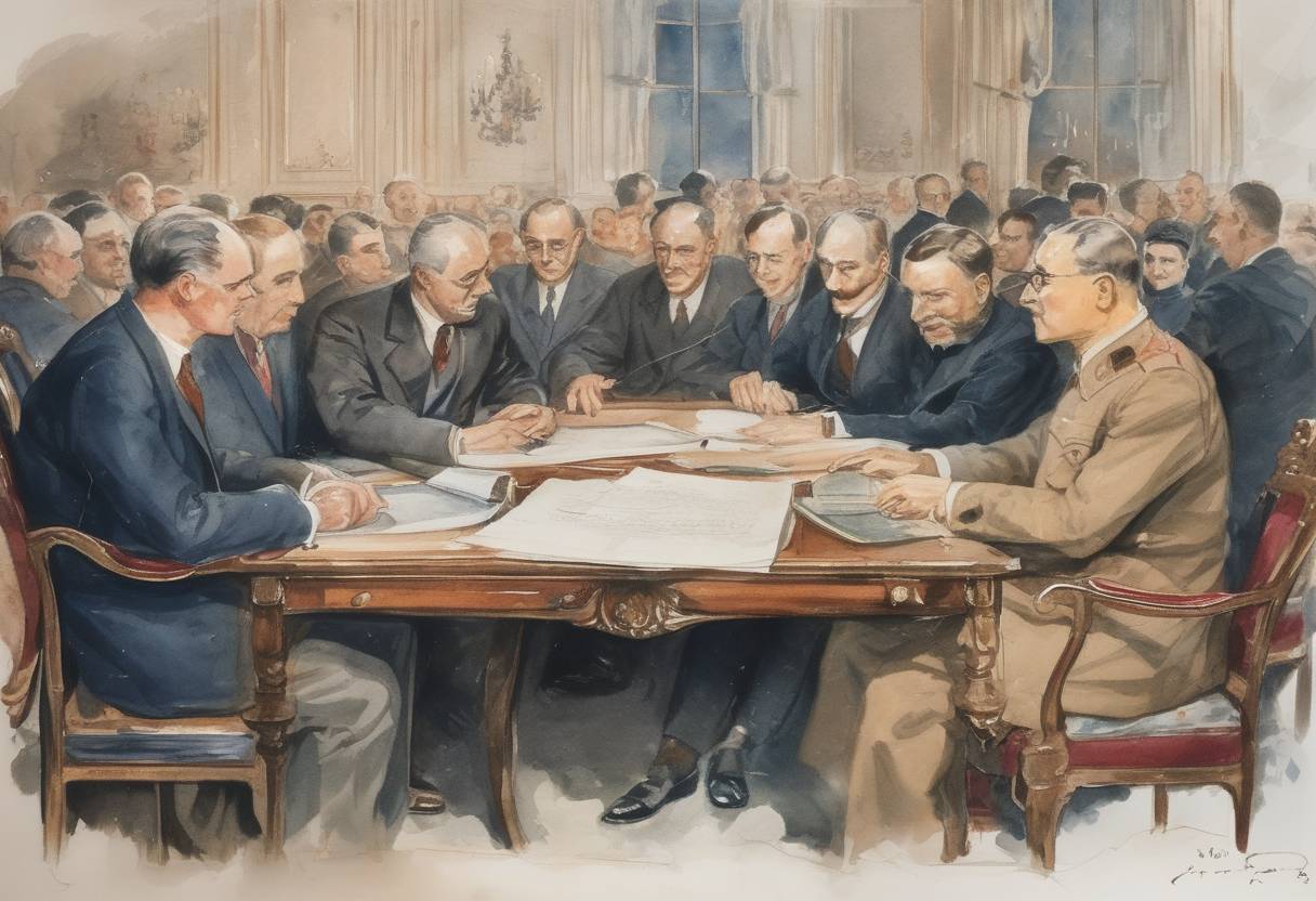 Watercolor painting based depiction of France and the Soviet Union sign a treaty of non-aggression. (1931)
