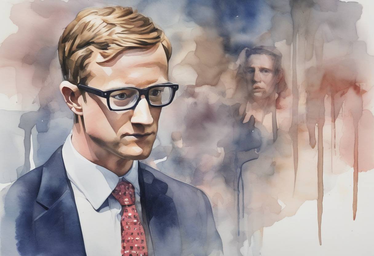 Watercolor painting based depiction of The Cambridge Analytica scandal breaks, revealing that the data of millions of Facebook users was harvested without consent and used for political advertising, sparking widespread concern over data privacy. (2018)