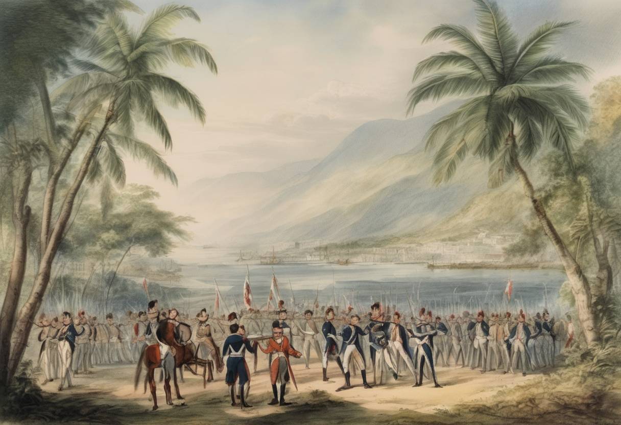Watercolor painting based depiction of Sir Ralph Abercromby led British forces in the capture of the island of Trinidad from Spain during the French Revolutionary Wars. (1797)