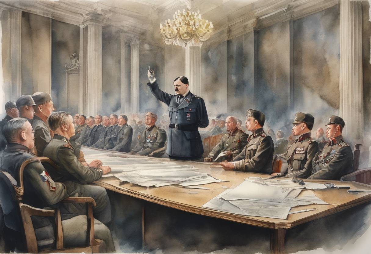 Watercolor painting based depiction of Adolf Hitler orders Germany to rearm in violation of the Treaty of Versailles, marking a significant step towards World War II. (1935)