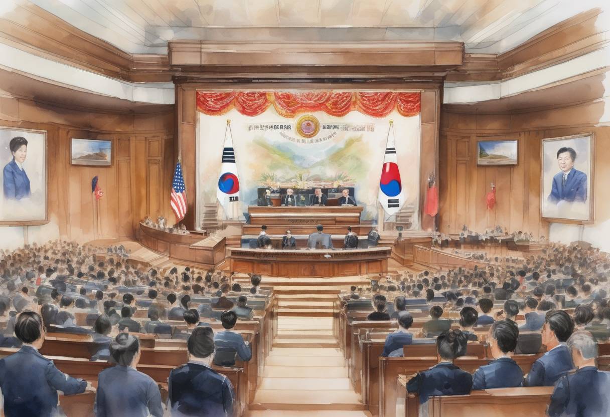 Watercolor painting based depiction of South Korea's Constitutional Court upheld the impeachment of President Park Geun-hye, removing her from office over a corruption scandal. (2017)