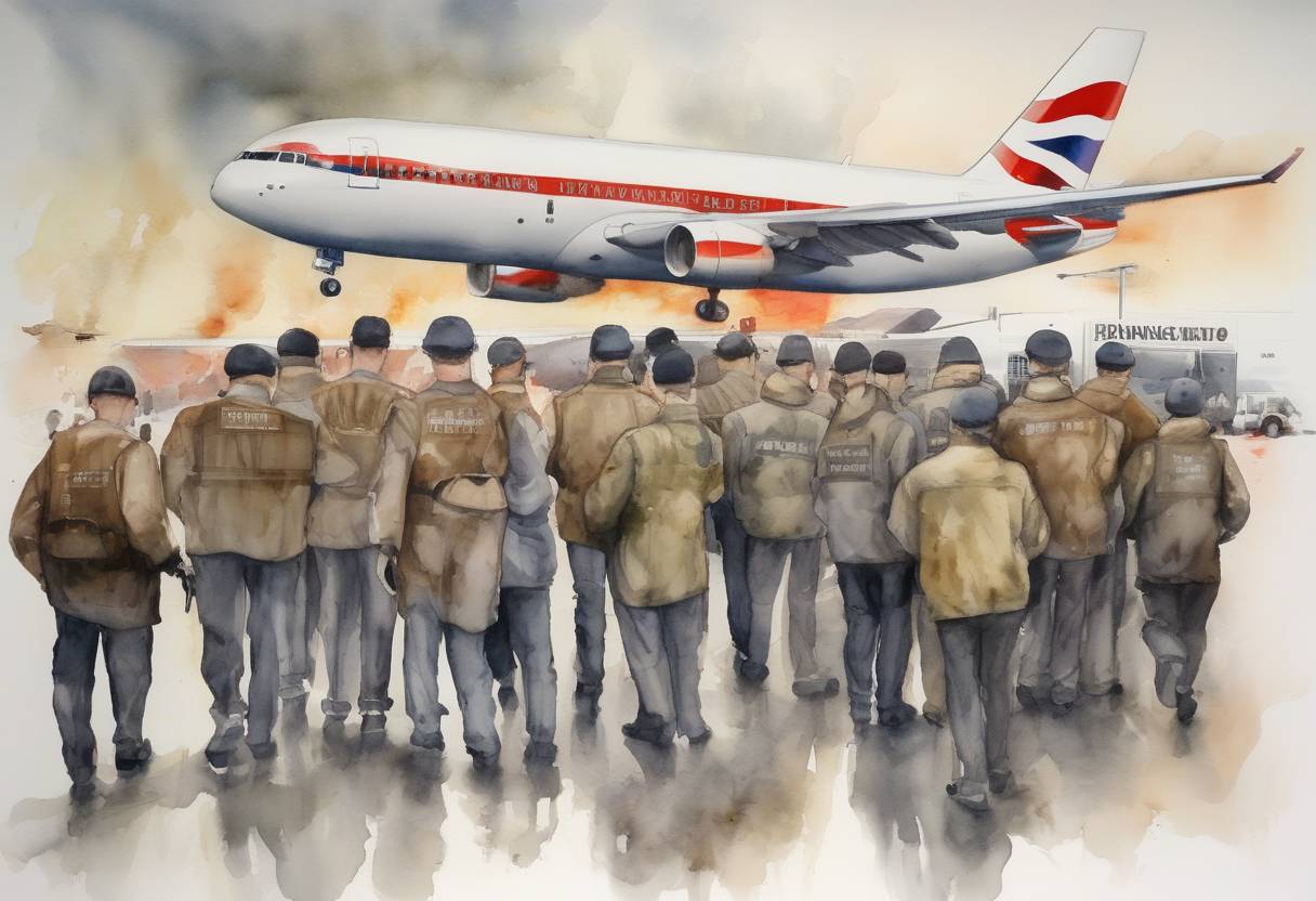 Watercolor painting based depiction of British authorities arrest 24 suspects in connection with a plot to blow up transatlantic airliners using liquid explosives. (2006)