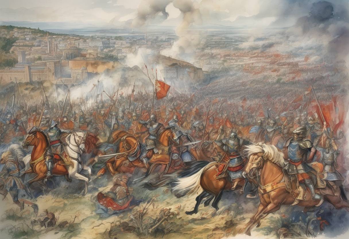Watercolor painting based depiction of The Battle of Varna took place, where the Ottoman Empire, led by Sultan Murad II, defeated the Polish-Hungarian army under King Władysław III of Poland and Hungary. (1444)