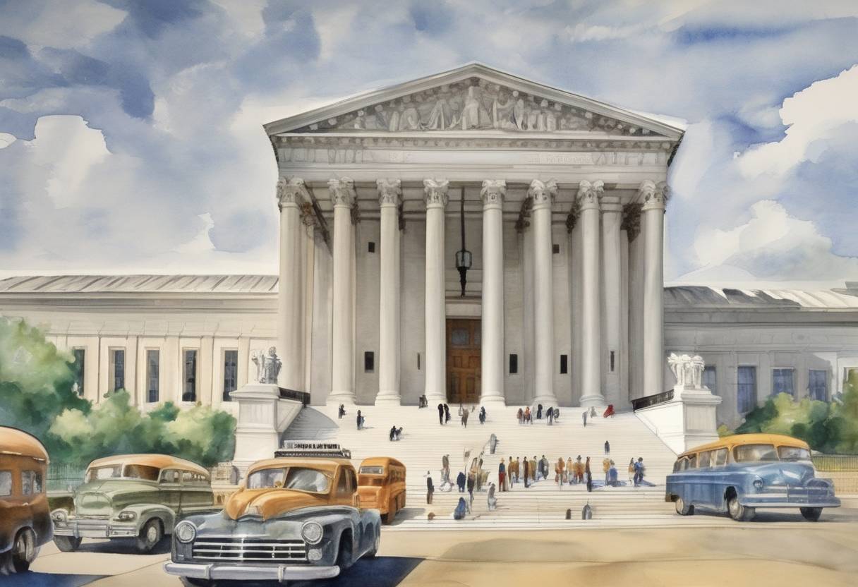 Watercolor painting based depiction of The Supreme Court of the United States declares Alabama laws requiring segregated buses illegal, ending the Montgomery Bus Boycott. (1956)