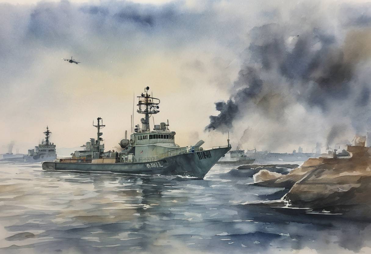 Watercolor painting based depiction of The Kerch Strait incident occurred when Russian border patrol boats fired upon and captured three Ukrainian Navy vessels attempting to pass through the Kerch Strait, escalating tensions between Russia and Ukraine. (2018)