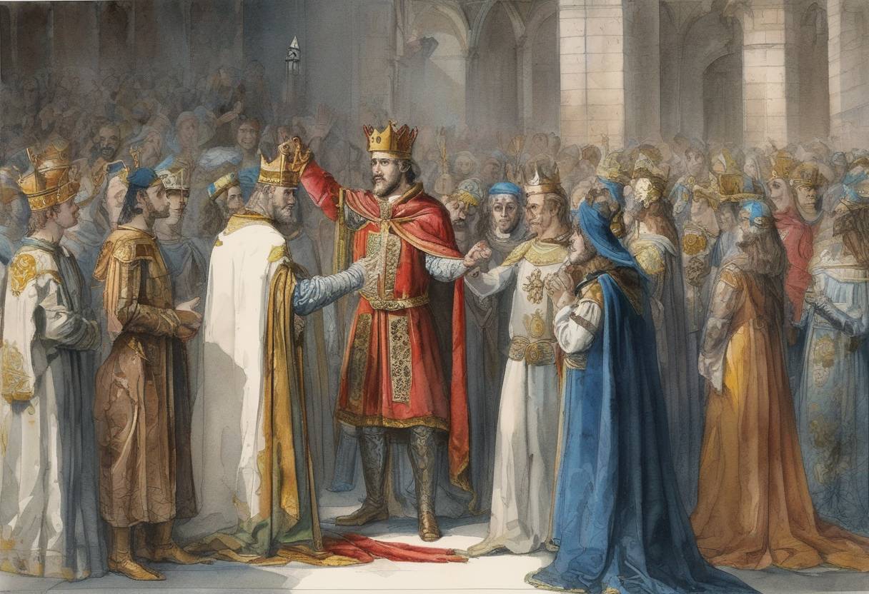 Watercolor painting based depiction of Louis the Stammerer is crowned King of West Francia at Compiègne. He was the son of Charles the Bald and his reign was marked by internal strife and challenges from Viking invasions. (877)