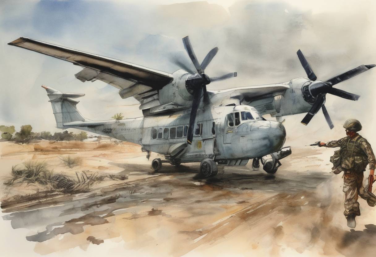 Watercolor painting based depiction of The German anti-terrorist unit GSG 9 successfully ended the hijacking of Lufthansa Flight 181 by the Popular Front for the Liberation of Palestine, in an operation known as Operation Entebbe. (1977)