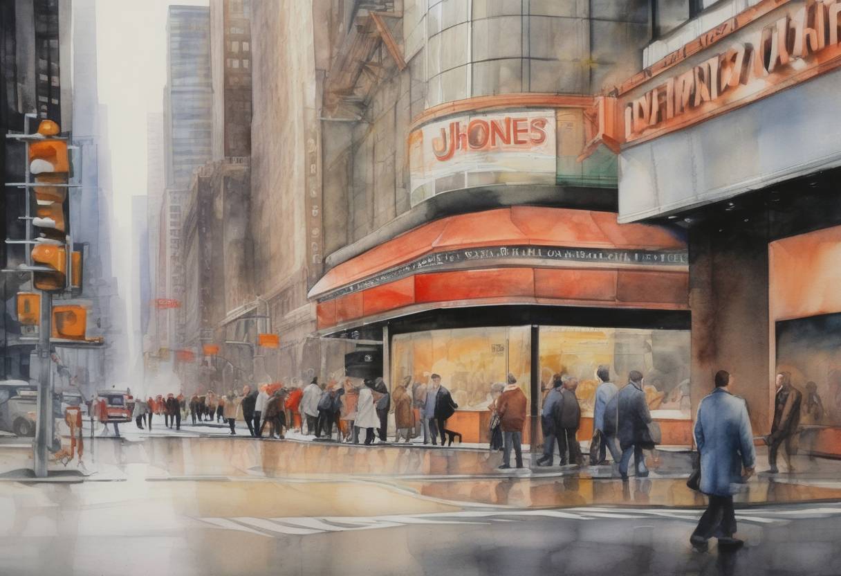 Watercolor painting based depiction of The Dow Jones Industrial Average closed below 9,000 points for the first time since 2003, amid the global financial crisis. (2008)
