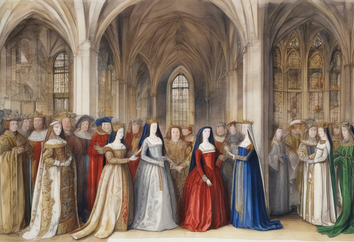 Watercolor painting based depiction of Anne of Brittany announced that she would marry Charles VIII of France, which eventually led to the unification of Brittany and France. (1490)
