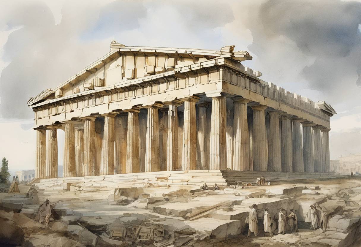 Watercolor painting based depiction of The Parthenon in Athens is severely damaged when a Venetian mortar round ignites an Ottoman ammunition dump inside the building during the siege of the Acropolis. (1687)