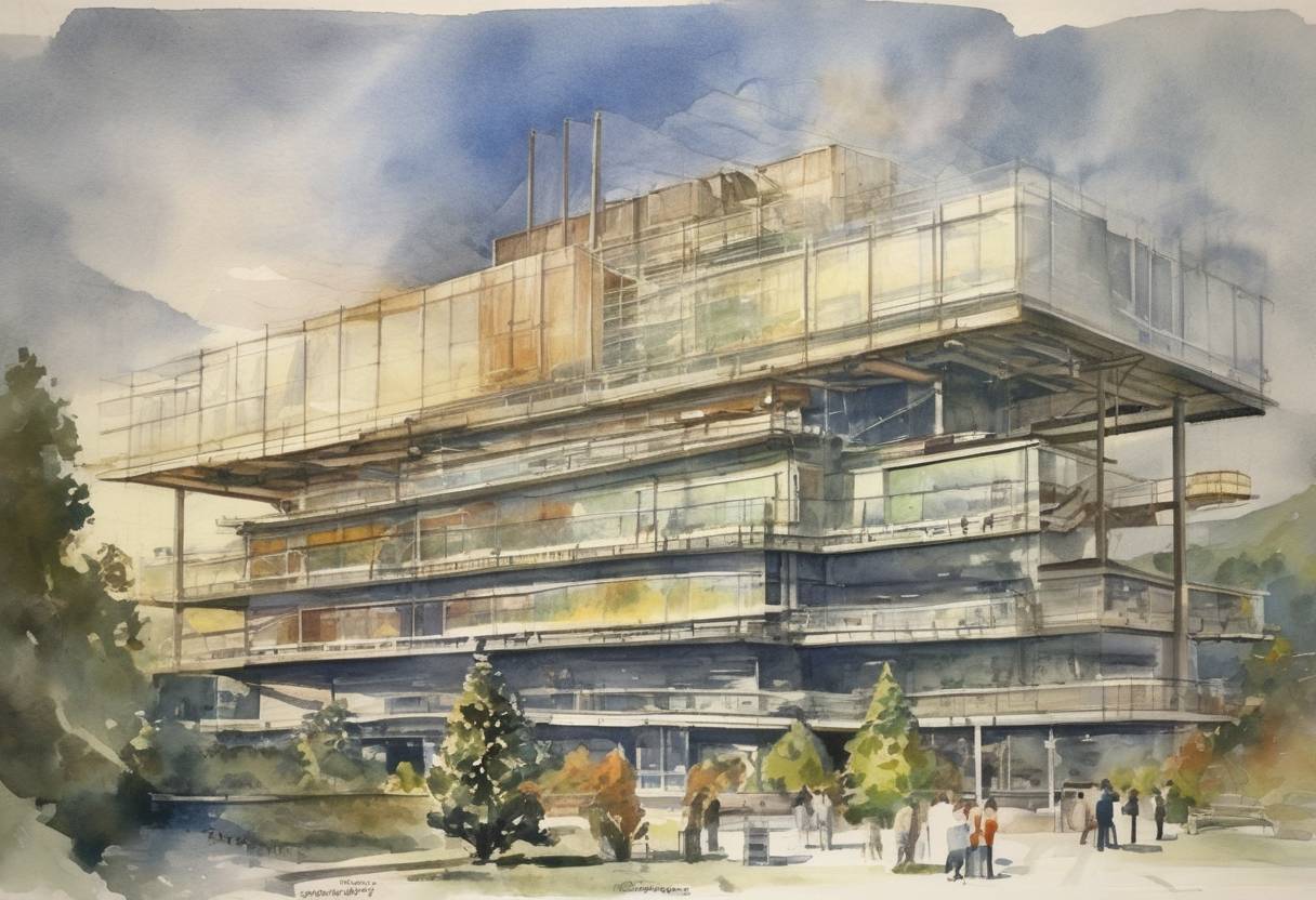 Watercolor painting based depiction of The European Organization for Nuclear Research (CERN) was established, becoming one of the world's largest and most respected centers for scientific research. (1954)