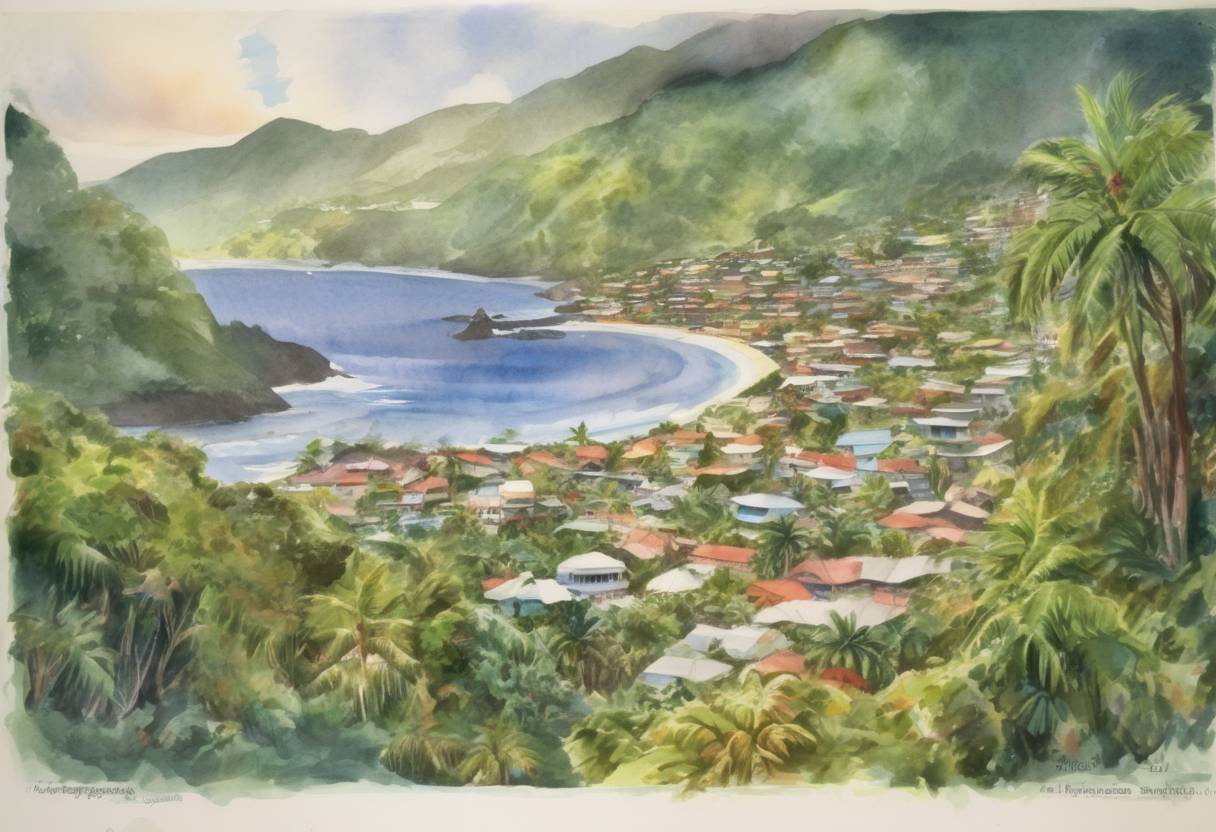 Watercolor painting based depiction of Dominica gains its independence from the United Kingdom. (1978)