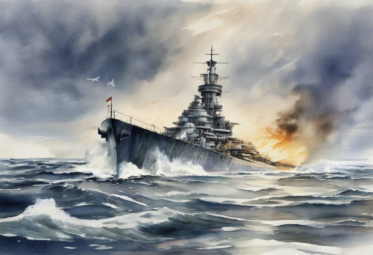 Watercolor painting based depiction of The German battleship Scharnhorst was sunk by the Royal Navy during the Battle of the North Cape in World War II. (1943)