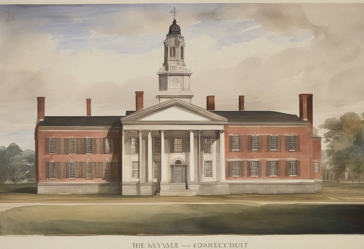 Watercolor painting based depiction of The Collegiate School of Connecticut, later renamed Yale University, was chartered in Old Saybrook, Connecticut. (1701)