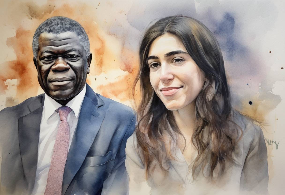 Watercolor painting based depiction of The Nobel Peace Prize was awarded to Denis Mukwege and Nadia Murad for their efforts to end the use of sexual violence as a weapon of war and armed conflict. (2018)