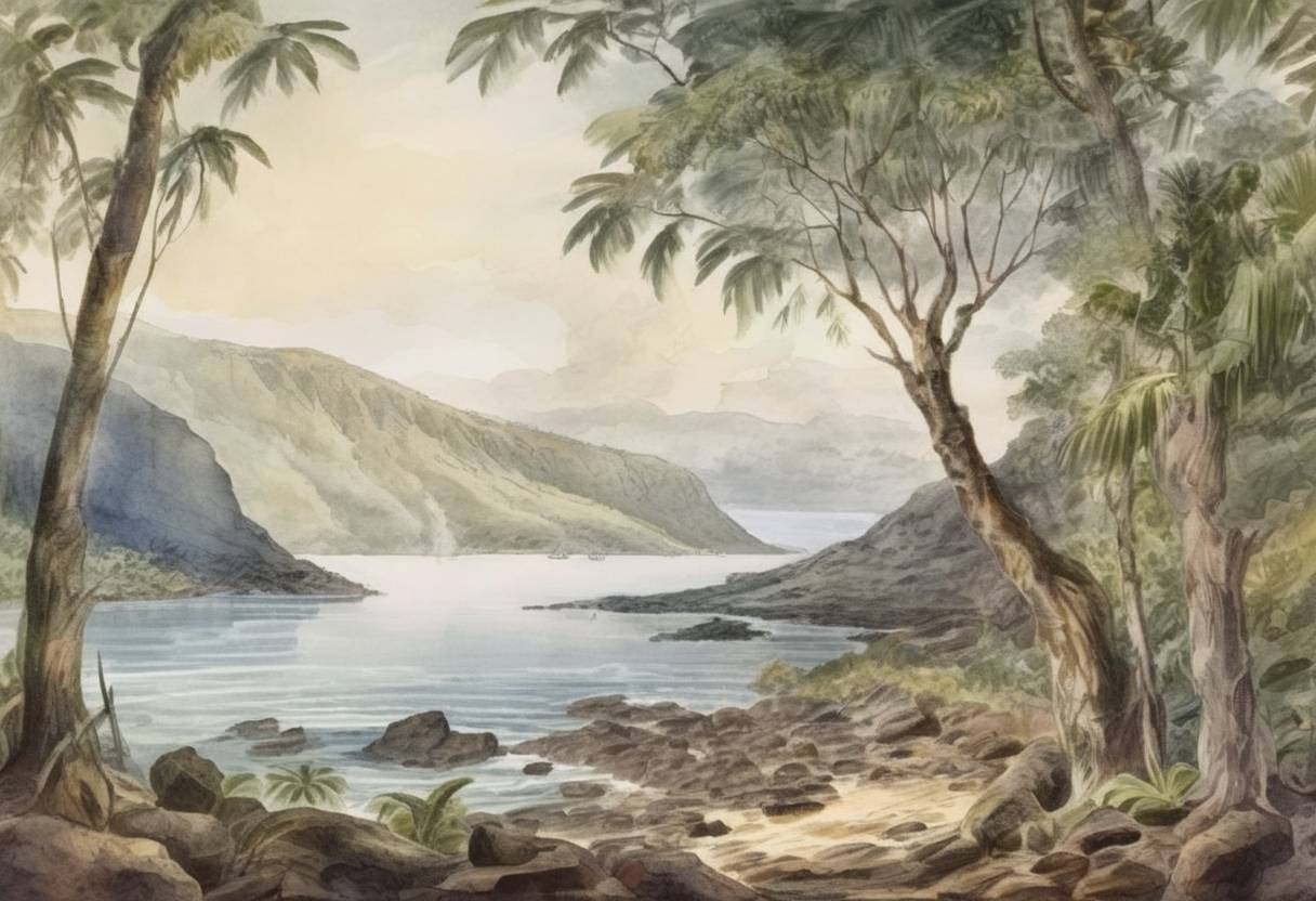 Watercolor painting based depiction of British explorer Captain James Cook was killed by Native Hawaiians during his third exploratory voyage in the Pacific, at Kealakekua Bay on the Big Island of Hawaii. (1779)