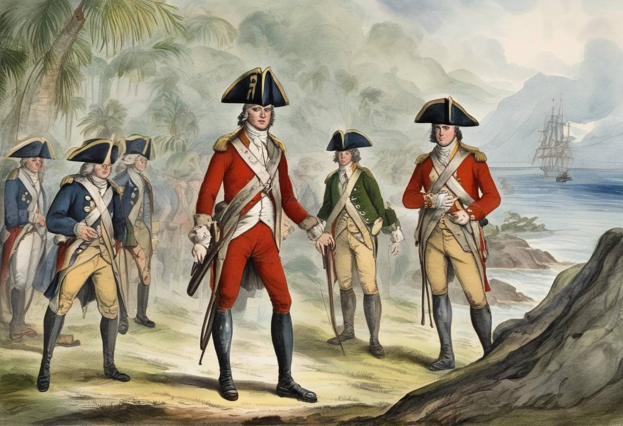 Watercolor painting based depiction of American Revolutionary War: British forces seize the Dutch-owned Caribbean island of Sint Eustatius. (1781)