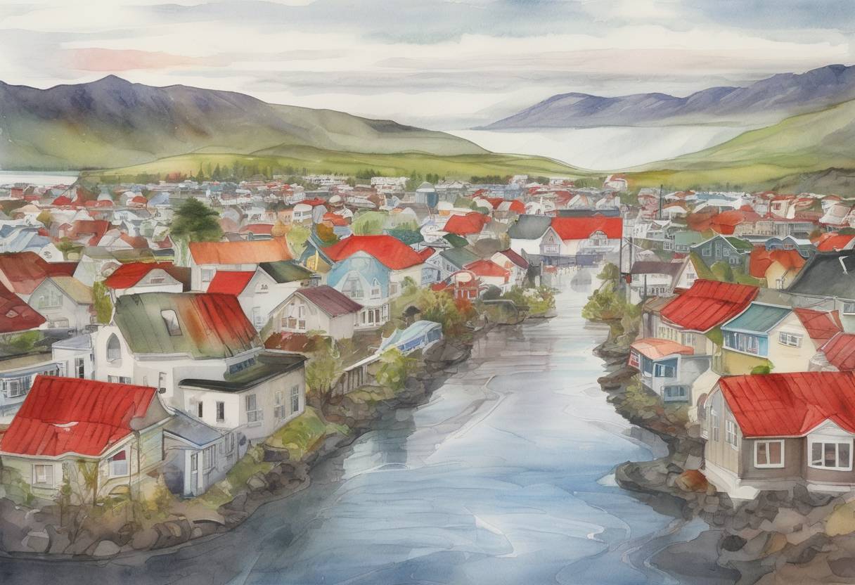 Watercolor painting based depiction of The '55 parties' clause of the Kyoto Protocol was reached after Iceland ratified the agreement, marking a significant step in international efforts to combat climate change. (2002)